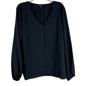 41 Hawthorn Scallop Neck Black Long Sleeve Blouse XXL